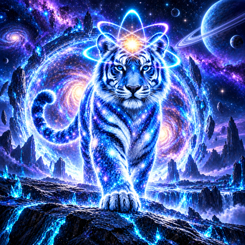 Quantum Tiger walking a crystal ridge beneath a galaxy portal