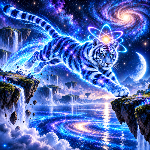 Quantum Tiger leaping between floating islands over a glowing cosmic ocean